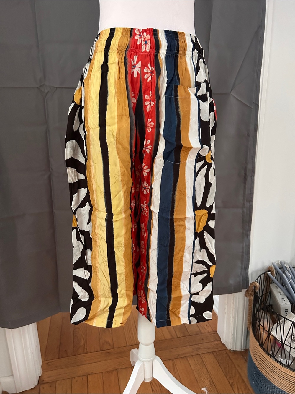 Marni Striped Floral-Panel Midi Skirt in Yellow, Red, Blue, Black & White